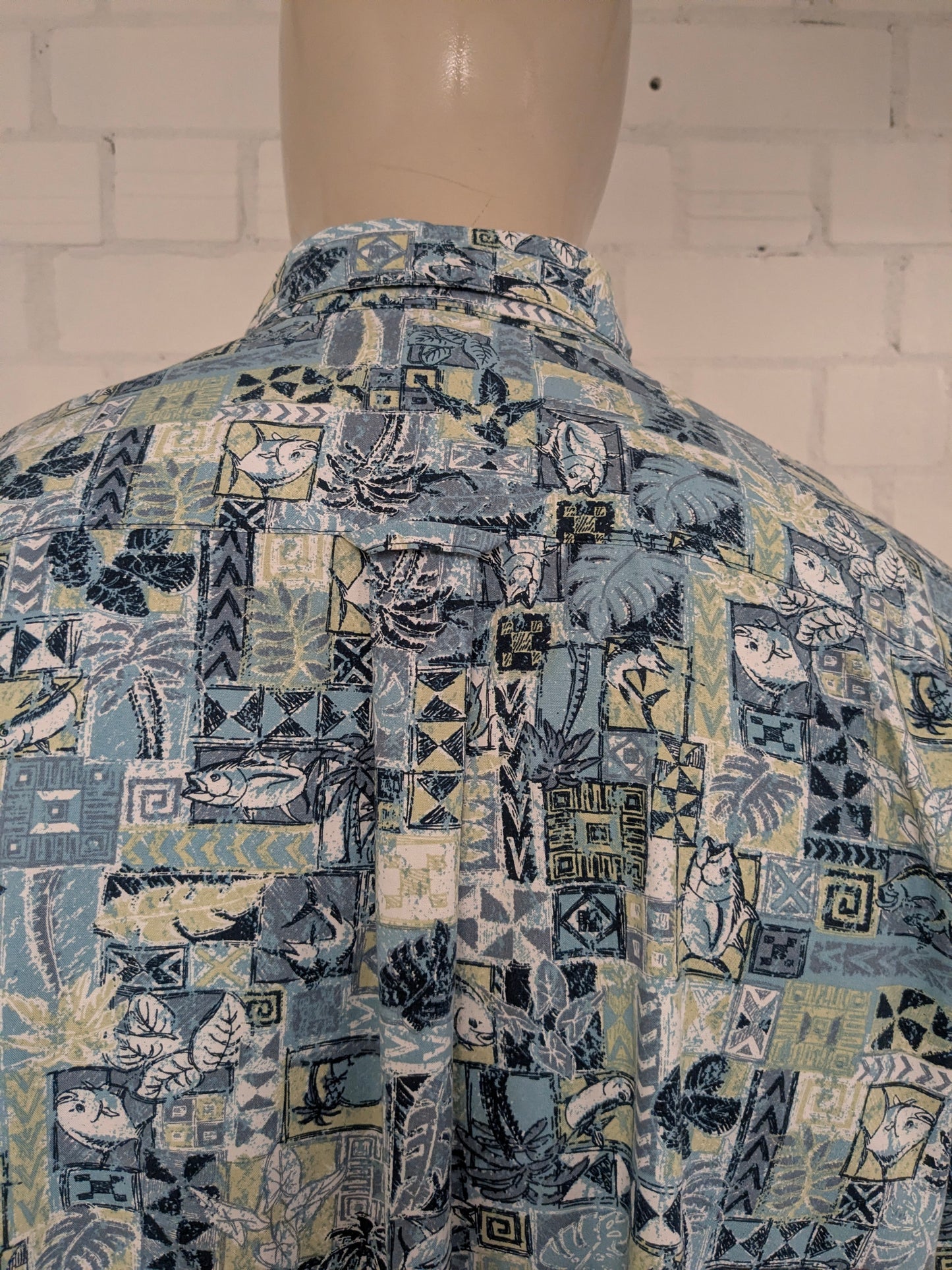 Columbia overhemd korte mouw. Blauw Groene Vissen print. Maat XL.