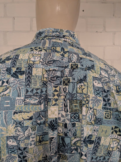 Columbia overhemd korte mouw. Blauw Groene Vissen print. Maat XL.
