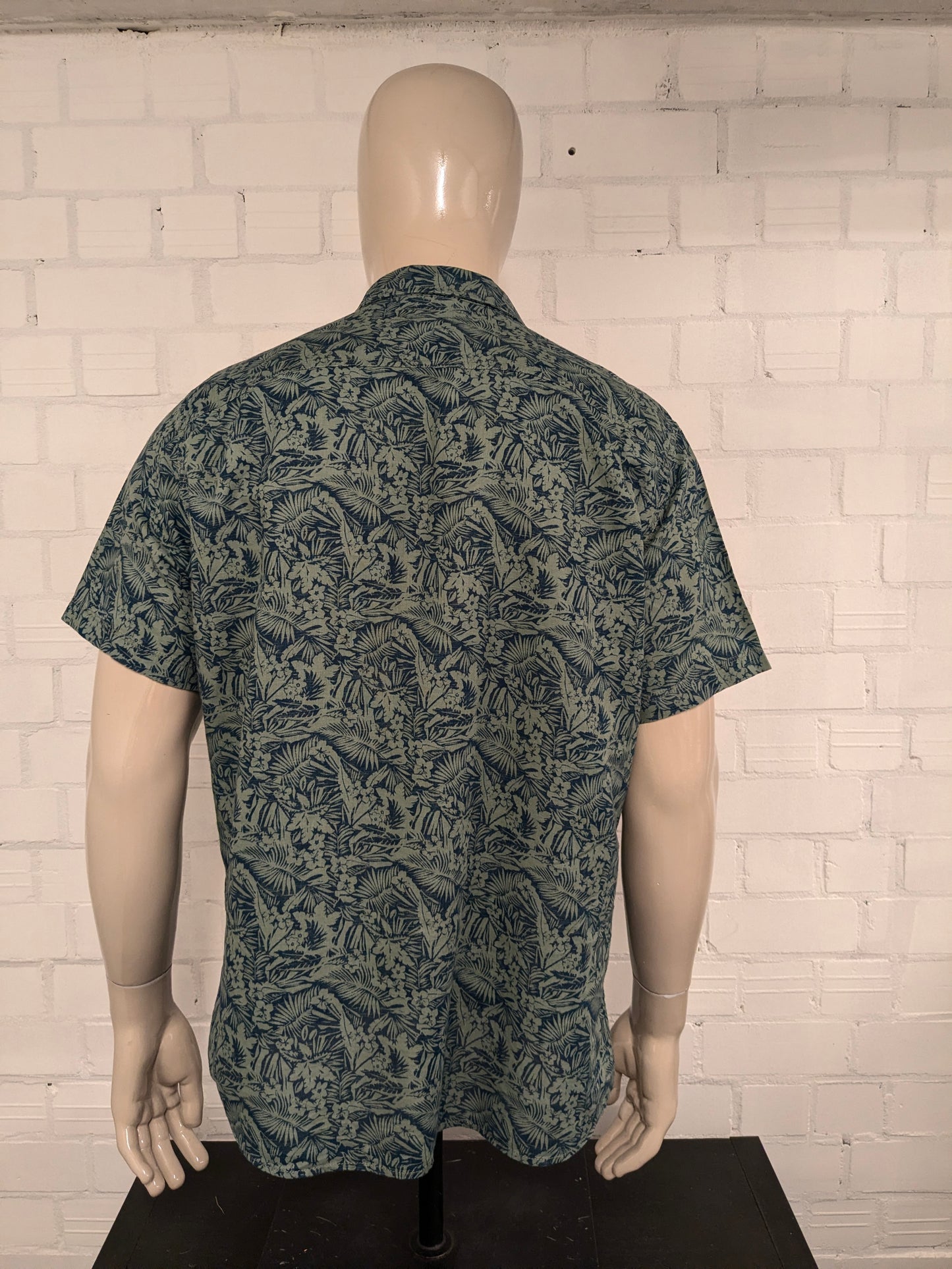 Alesbury overhemd korte mouw. Groen Blauwe bloemen print. Maat XL. regular.