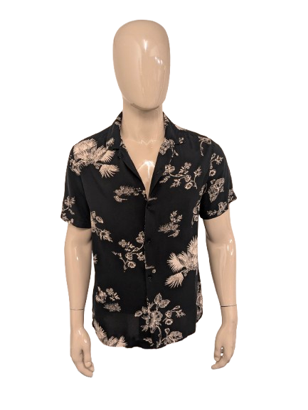 Denim & Flower Ricky Singh overhemd korte mouw. Zwart Beige Bloemen print. Maat L.