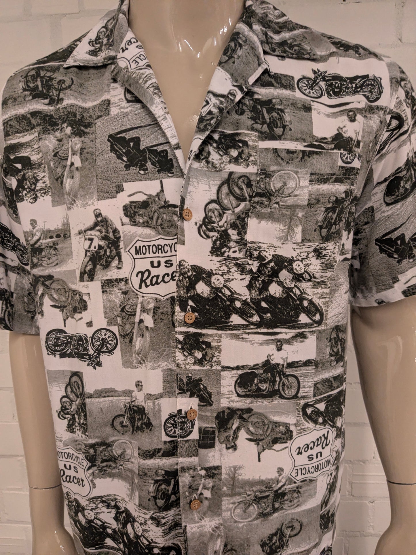 Vintage Puritan overhemd korte mouw. Zwart Witte Motor print. Maat XL.