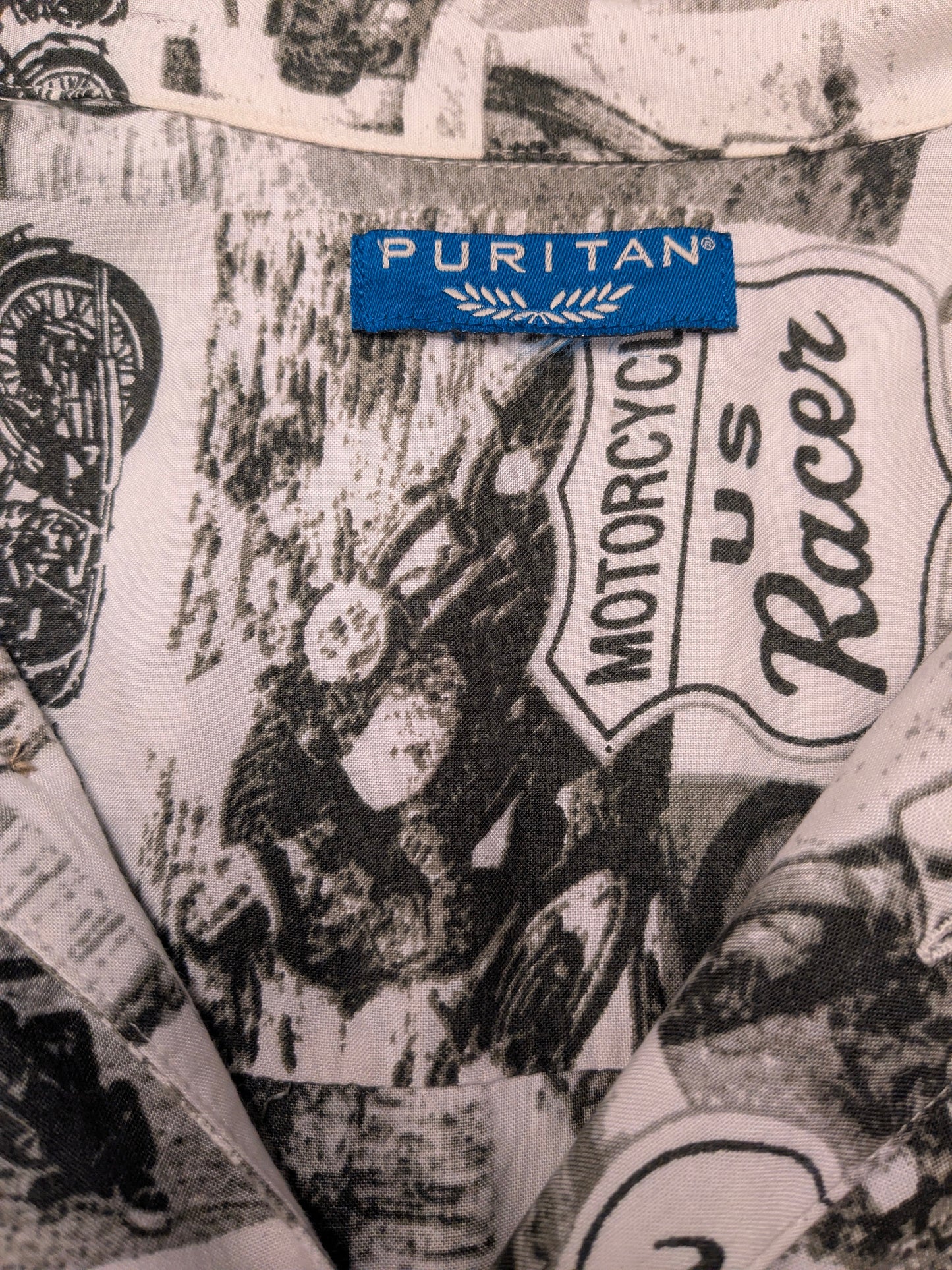 Vintage Puritan overhemd korte mouw. Zwart Witte Motor print. Maat XL.