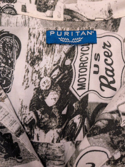 Vintage Puritan overhemd korte mouw. Zwart Witte Motor print. Maat XL.
