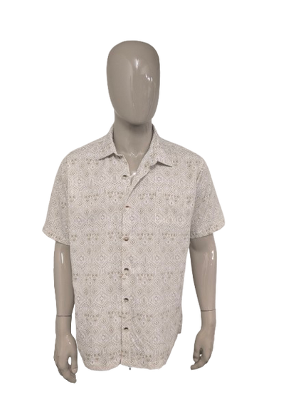 Van Heusen overhemd korte mouw. Beige Kaki Witte print. Maat 2XL / XXL.