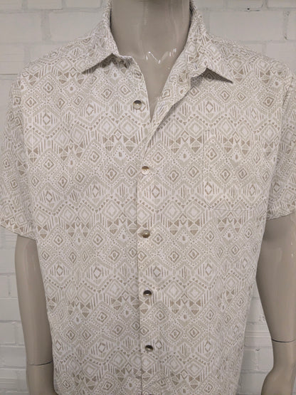 Van Heusen overhemd korte mouw. Beige Kaki Witte print. Maat 2XL / XXL.