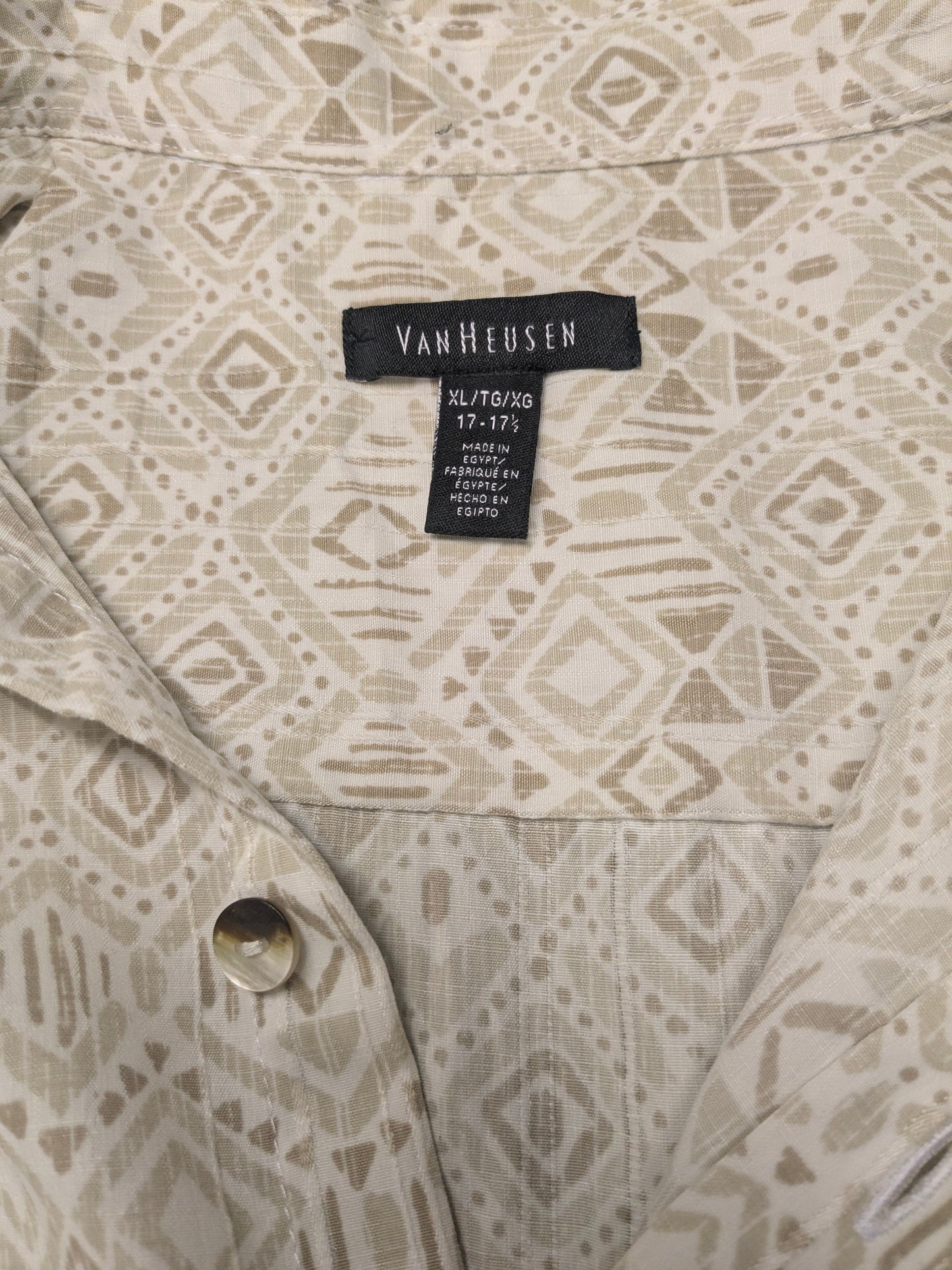Van Heusen overhemd korte mouw. Beige Kaki Witte print. Maat 2XL / XXL.