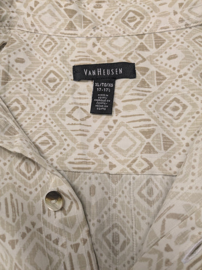 Van Heusen overhemd korte mouw. Beige Kaki Witte print. Maat 2XL / XXL.