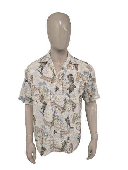 Vintage Novin Direction overhemd korte mouw. Blauw Groen Bruine print. Maat XL.
