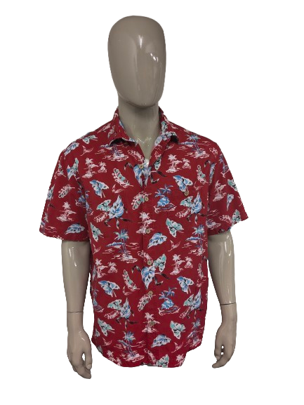 Vintage Caribbean Hawaii overhemd korte mouw met zakken. Rood Blauw Groene print. Maat XL.