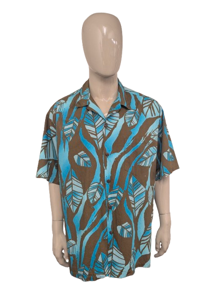 Hillo Hatties Original Hawaiihemd mit kurzen Ärmeln. Braunblauer Druck. Größe 4XL / XXXXL.