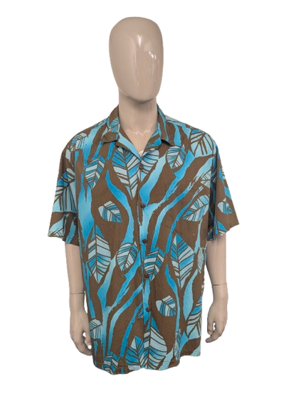 Hillo Hatties original Hawaii overhemd korte mouw. Bruin Blauw print. Maat 4XL / XXXXL.