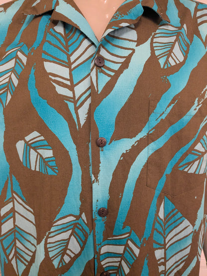 Hillo Hatties original Hawaii overhemd korte mouw. Bruin Blauw print. Maat 4XL / XXXXL.