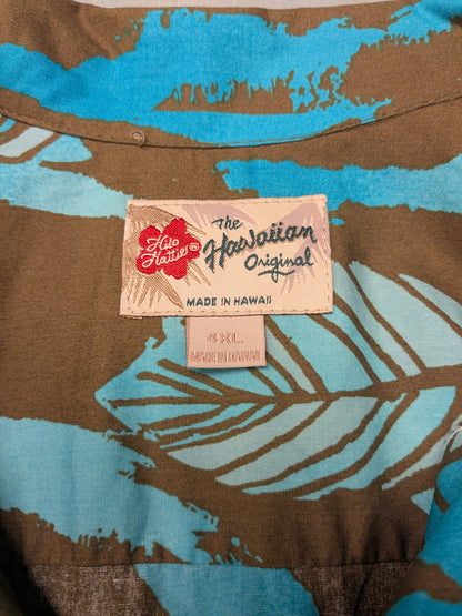 Hillo Hatties original Hawaii overhemd korte mouw. Bruin Blauw print. Maat 4XL / XXXXL.