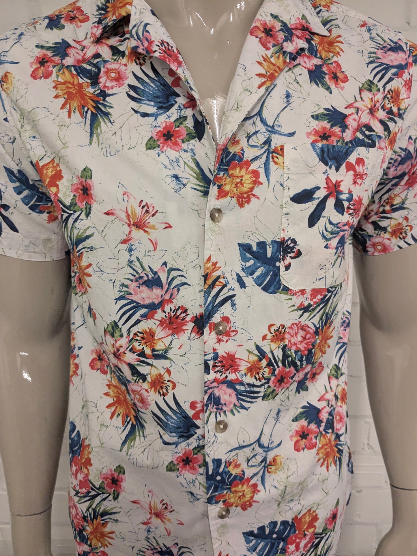 Goodfellow & Co overhemd korte mouw. Gekleurde Bloemen print. Maat M. slim.