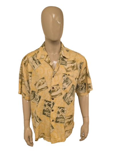 Barmuda Bay 100% Zijden overhemd korte mouw. Geel Groene vliegtuig print. Maat 2XL / XXL.