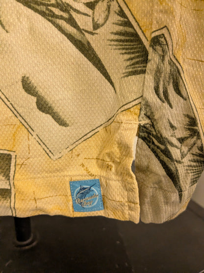 Barmuda Bay 100% Zijden overhemd korte mouw. Geel Groene vliegtuig print. Maat 2XL / XXL.