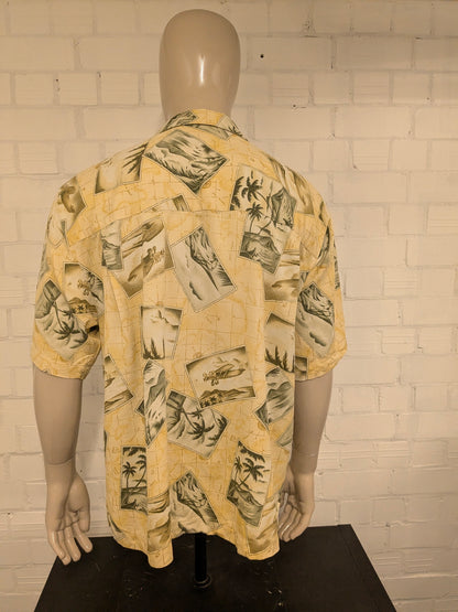 Barmuda Bay 100% Zijden overhemd korte mouw. Geel Groene vliegtuig print. Maat 2XL / XXL.