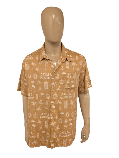 Quiksilver Kerst / Xmas Hawaii overhemd korte mouw. Bruin Witte print. Maat 2XL / XXL. regular fit.