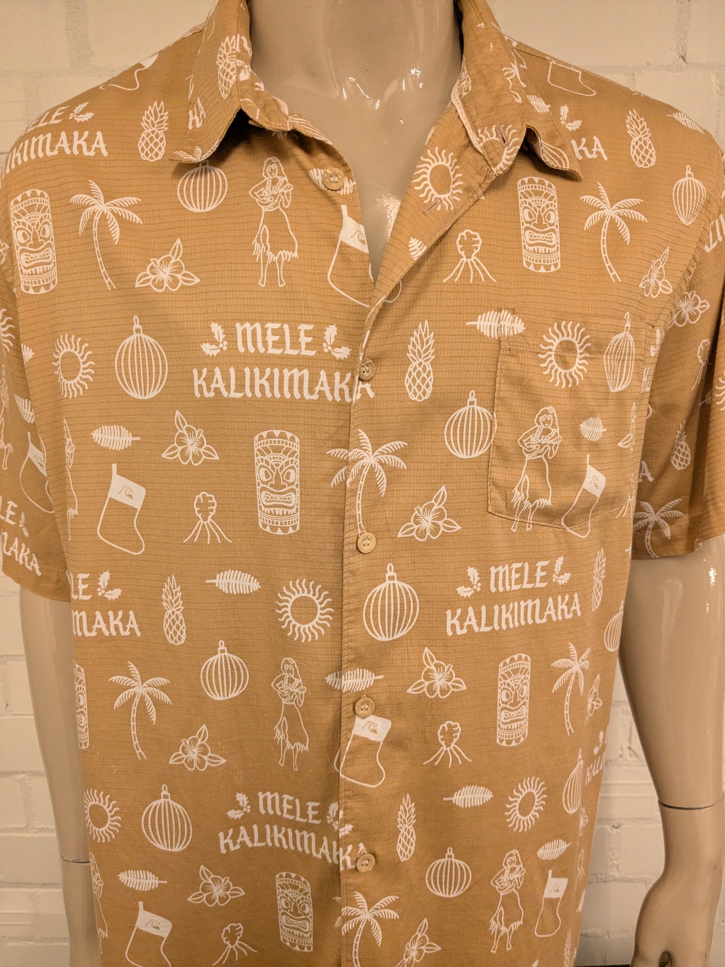 Quiksilver Kerst / Xmas Hawaii overhemd korte mouw. Bruin Witte print. Maat 2XL / XXL. regular fit.