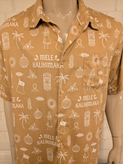 Quiksilver Kerst / Xmas Hawaii overhemd korte mouw. Bruin Witte print. Maat 2XL / XXL. regular fit.