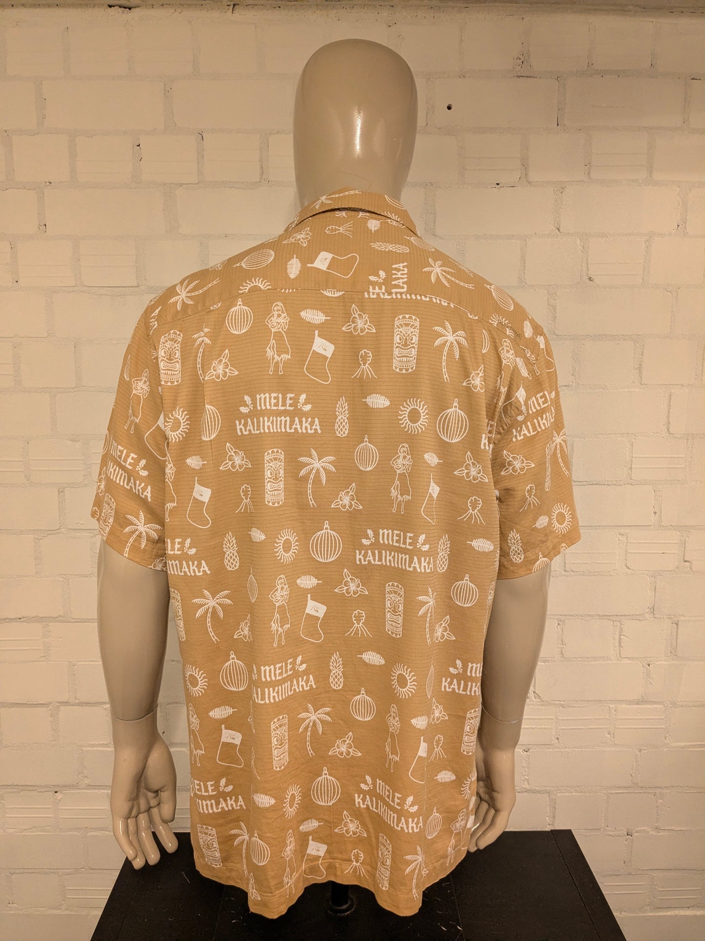 Quiksilver Kerst / Xmas Hawaii overhemd korte mouw. Bruin Witte print. Maat 2XL / XXL. regular fit.