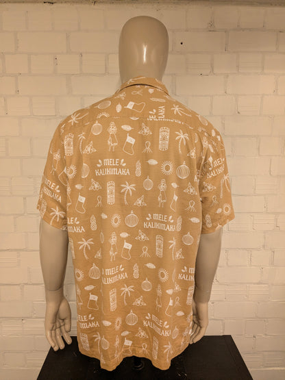 Quiksilver Kerst / Xmas Hawaii overhemd korte mouw. Bruin Witte print. Maat 2XL / XXL. regular fit.