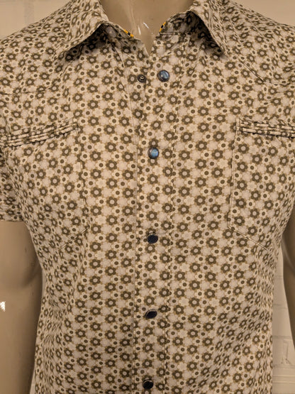 Pepe jeans overhemd korte mouw met drukknopen. Groen Grijze Bloemen print. Maat L.