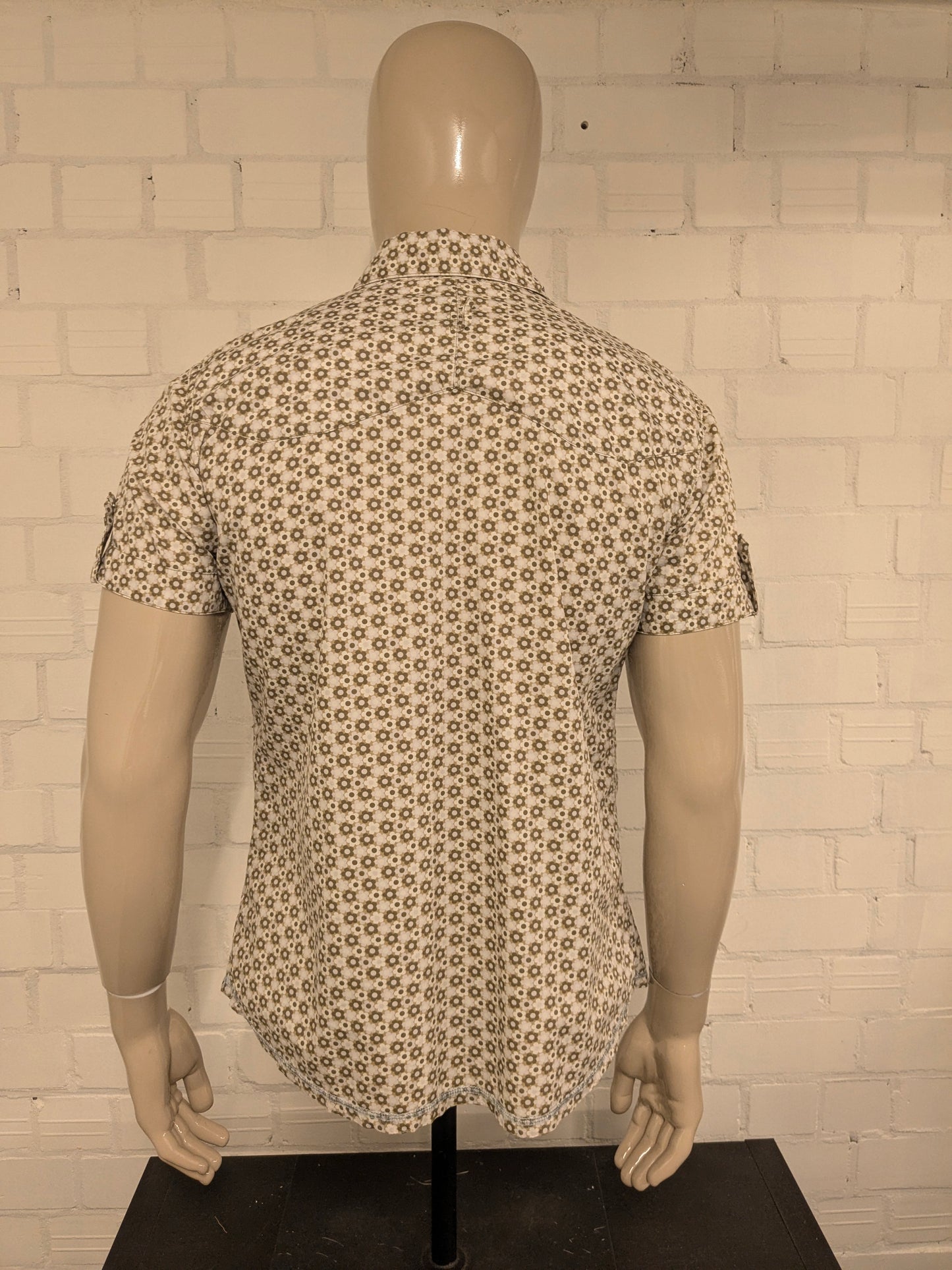 Pepe jeans overhemd korte mouw met drukknopen. Groen Grijze Bloemen print. Maat L.