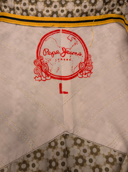Pepe jeans overhemd korte mouw met drukknopen. Groen Grijze Bloemen print. Maat L.