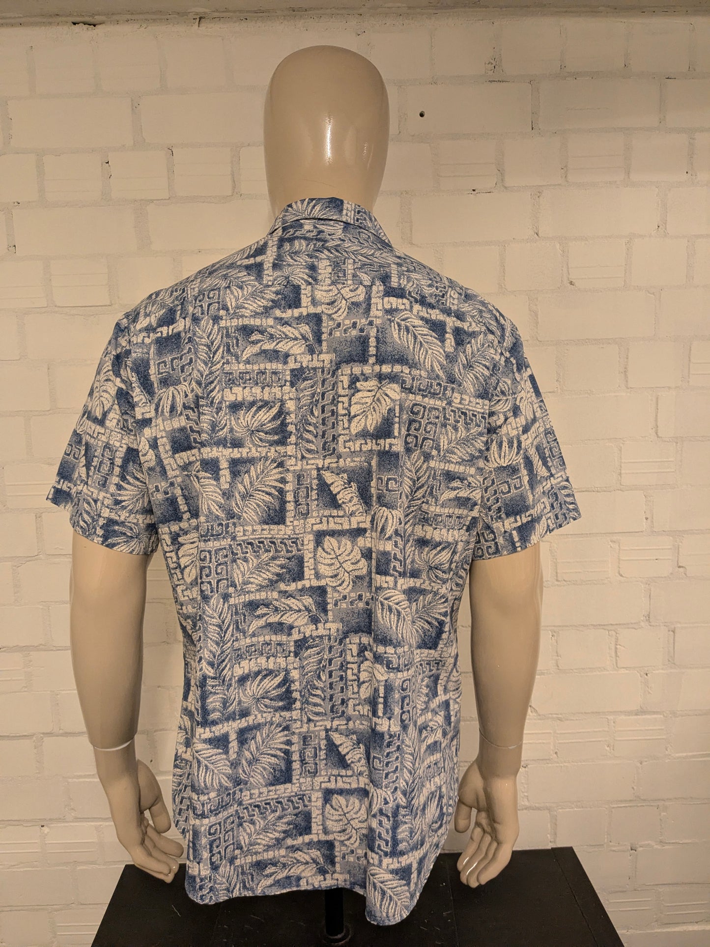 Moda Campia Hawaii overhemd korte mouw. Blauw Witte print. Maat XL.