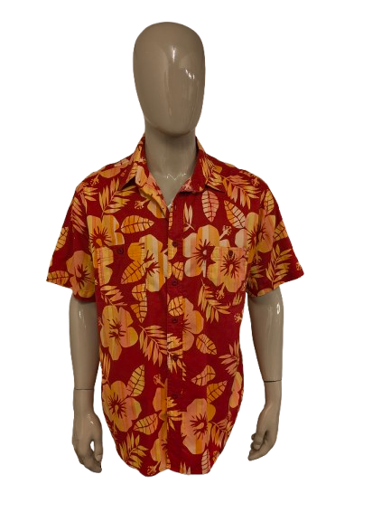 Vintage Arizona Hawaii overhemd korte mouw. Rood Oranje Roze print. Maat 2XL / XXL.