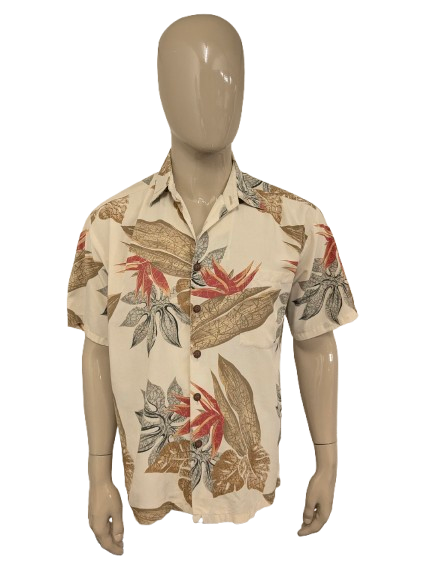 Vintage Kahala Hawaii overhemd korte mouw. Bruin Rood Beige print. Maat L.