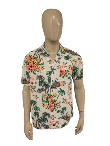 George Hawaii overhemd korte mouw. Gekleurde Bloemen print. Maat L.
