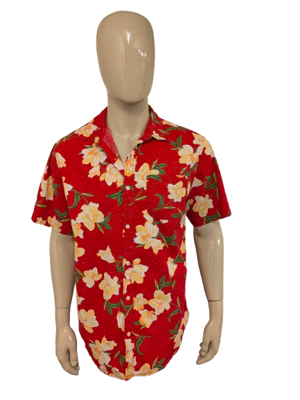 Old Navy Hawaiian shirt short sleeve. Red Yellow Green Floral print. Size XL.