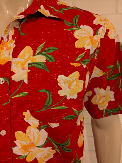 Old Navy Hawaii overhemd korte mouw. Rood Geel Groene Bloemen print. Maat XL.