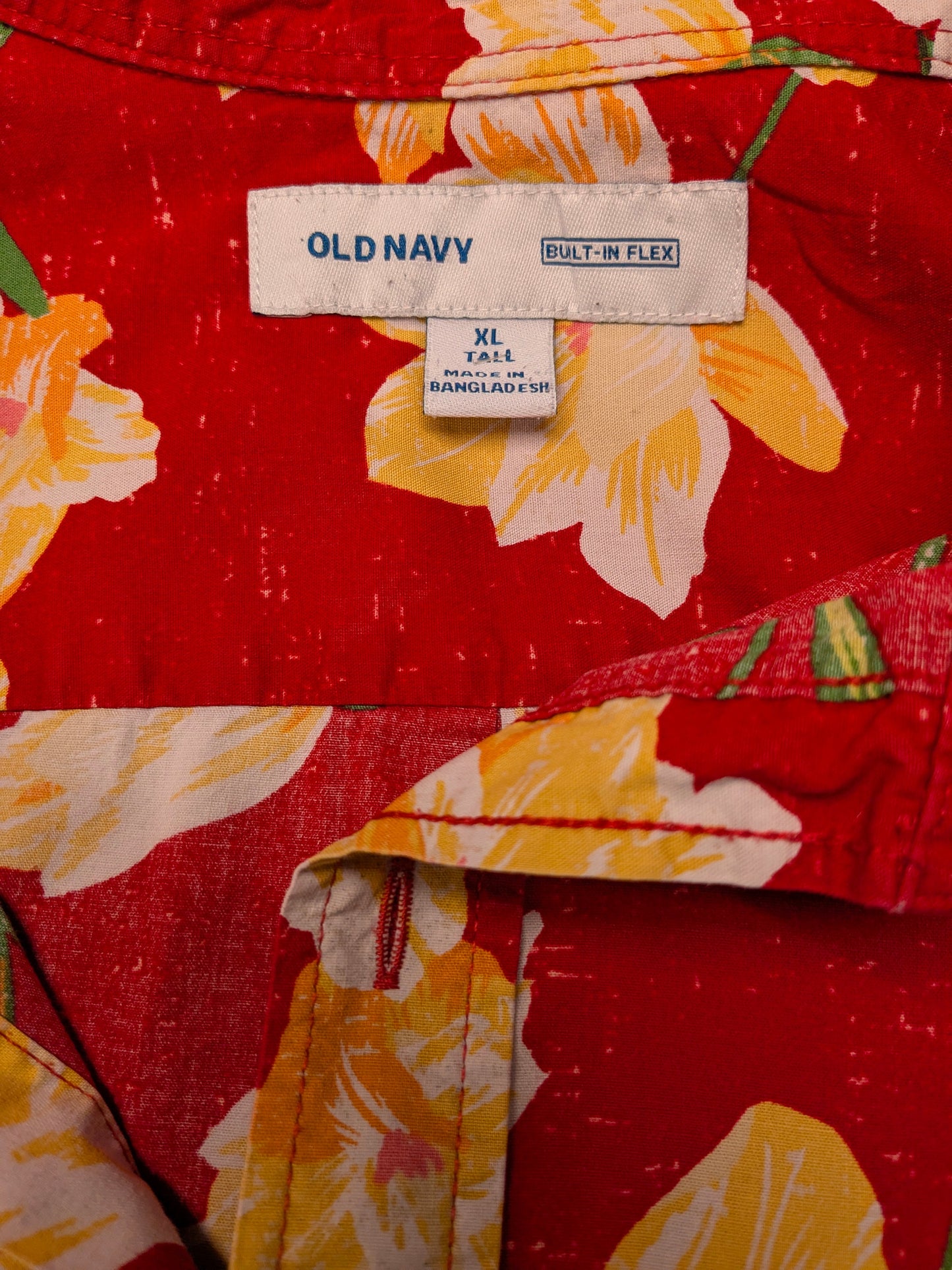 Old Navy Hawaii overhemd korte mouw. Rood Geel Groene Bloemen print. Maat XL.