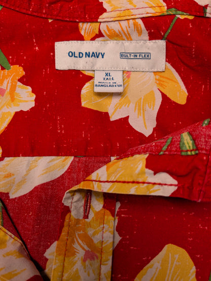 Old Navy Hawaii overhemd korte mouw. Rood Geel Groene Bloemen print. Maat XL.
