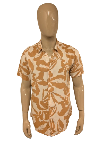 Guess overhemd korte mouw – bruin/beige print – maat L slim fit