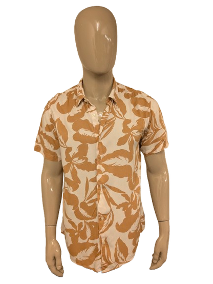 Guess overhemd korte mouw. Bruin Beige print. Maat L. slim fit.