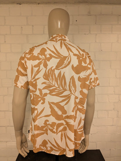 Guess overhemd korte mouw. Bruin Beige print. Maat L. slim fit.
