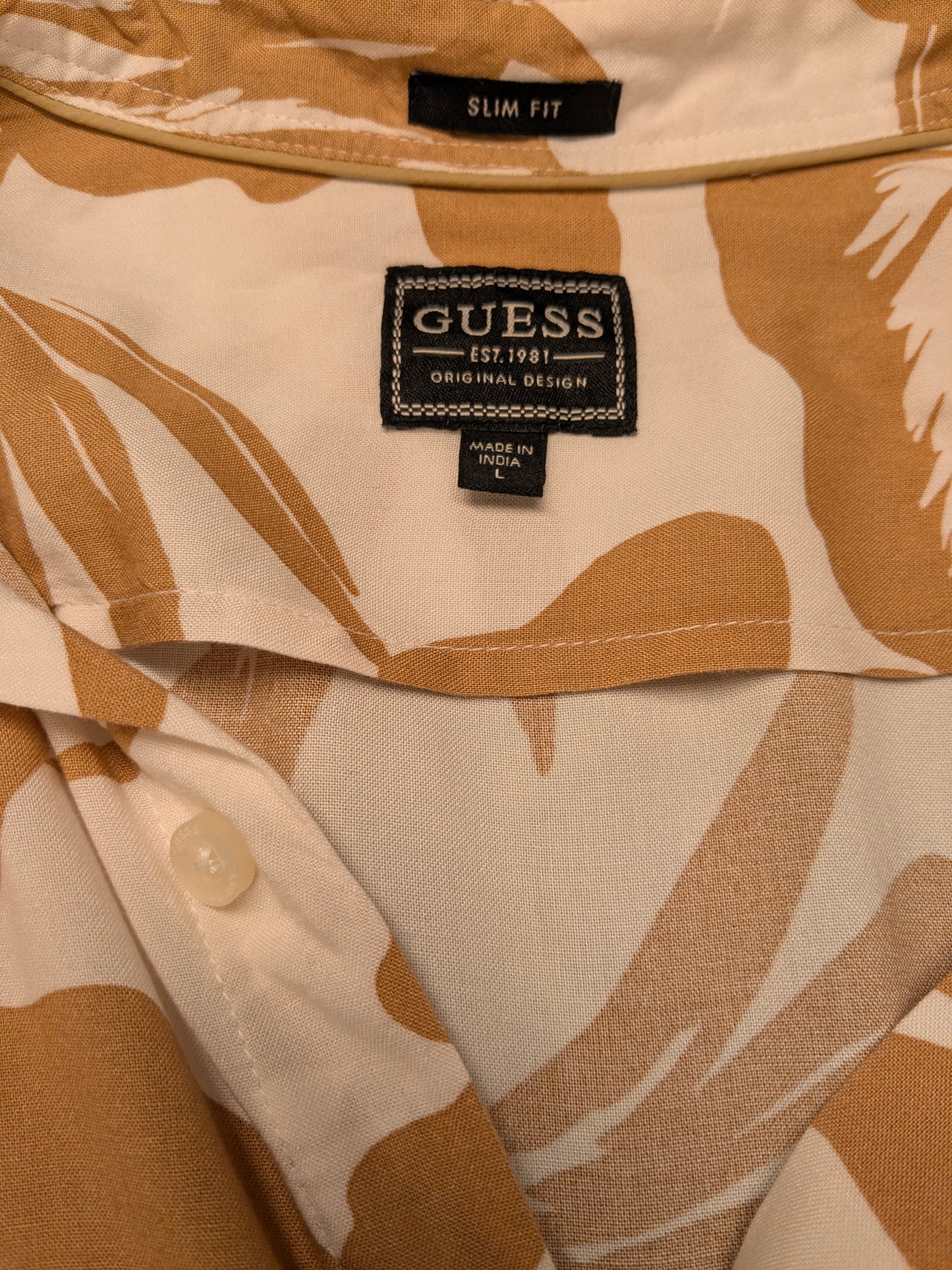 Guess overhemd korte mouw. Bruin Beige print. Maat L. slim fit.