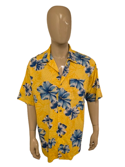 Jantzen Hawaii overhemd korte mouw. Groen Blauw Bloemen print. Maat 2XL / XXL.