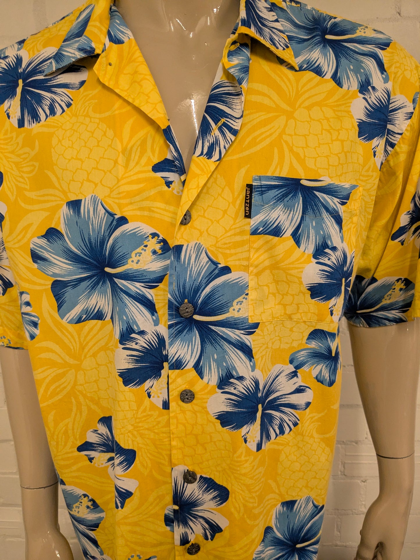 Jantzen Hawaii overhemd korte mouw. Groen Blauw Bloemen print. Maat 2XL / XXL.