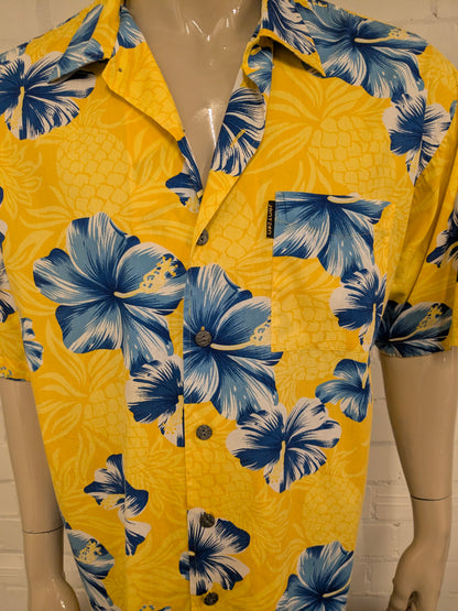 Jantzen Hawaii overhemd korte mouw. Groen Blauw Bloemen print. Maat 2XL / XXL.