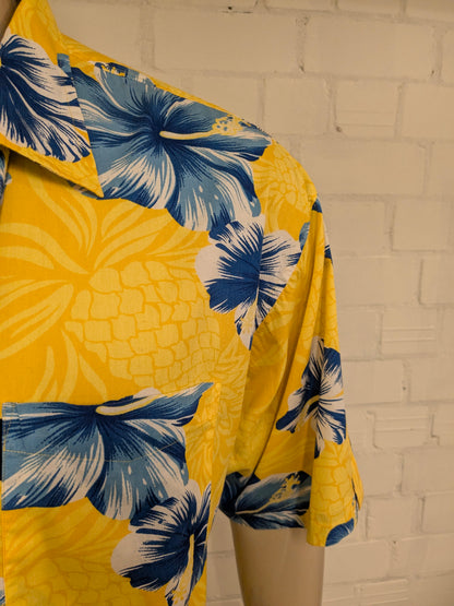 Jantzen Hawaii overhemd korte mouw. Groen Blauw Bloemen print. Maat 2XL / XXL.