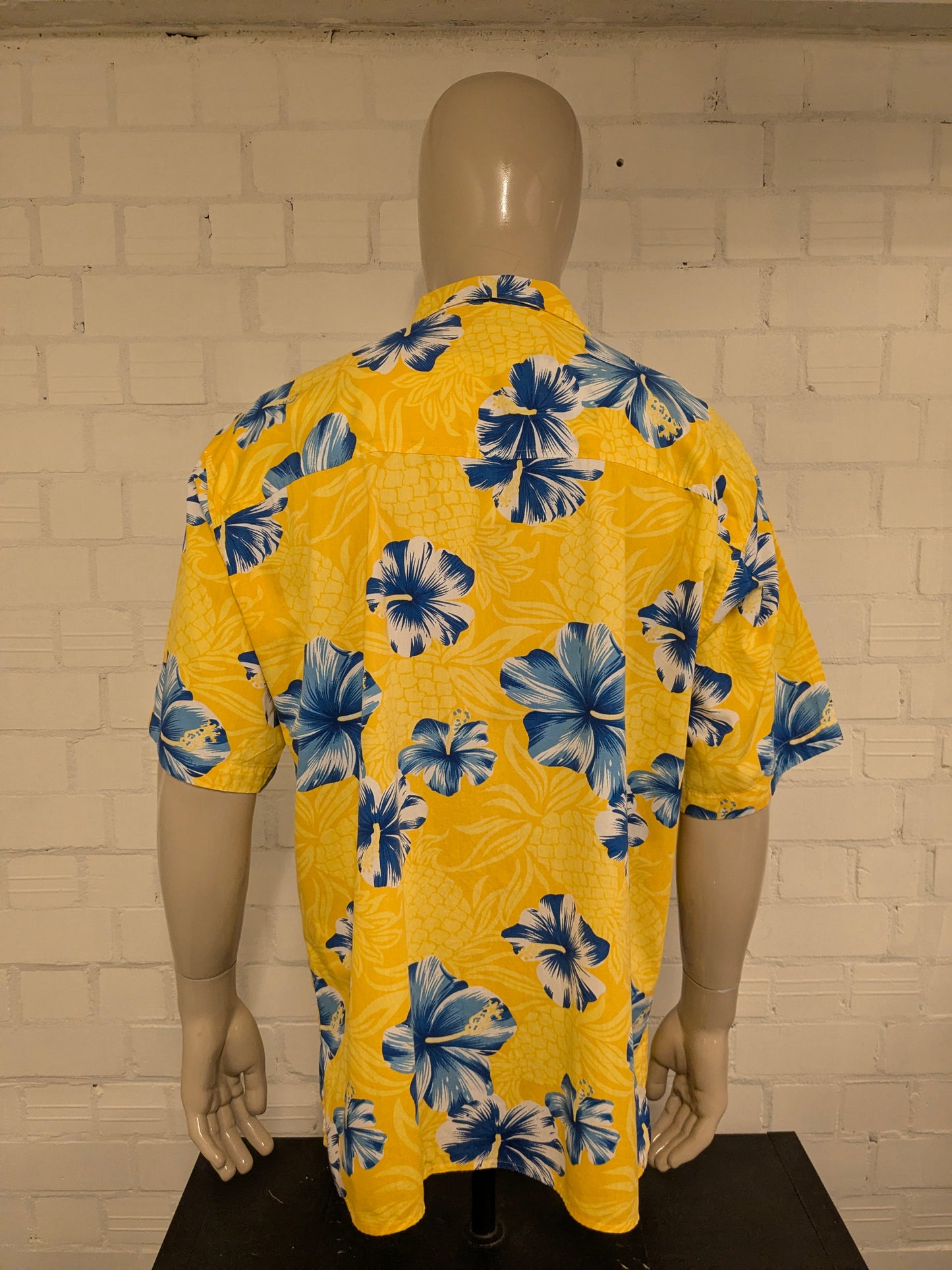 Jantzen Hawaii overhemd korte mouw. Groen Blauw Bloemen print. Maat 2XL / XXL.