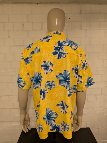 Jantzen Hawaii overhemd korte mouw. Groen Blauw Bloemen print. Maat 2XL / XXL.