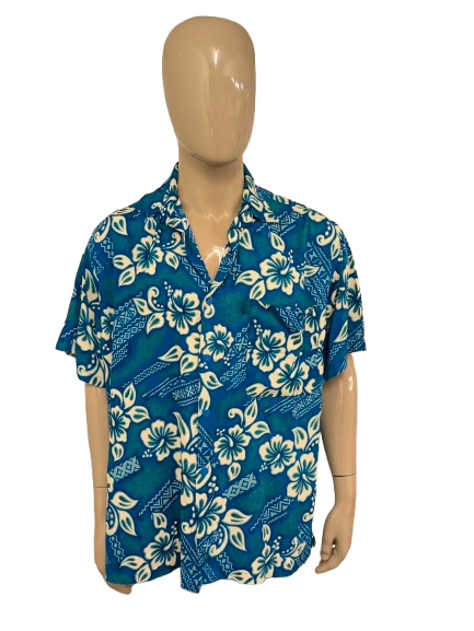 Vintage Zizi Hawaii overhemd korte mouw. Blauw Groen Witte Bloemen print. Maat 3XL / XXXL.