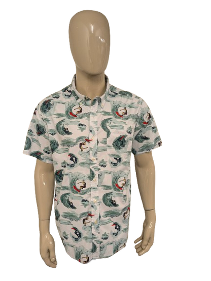 Dip overhemd korte mouw. Groen Rode Surfer print. Maat XL.