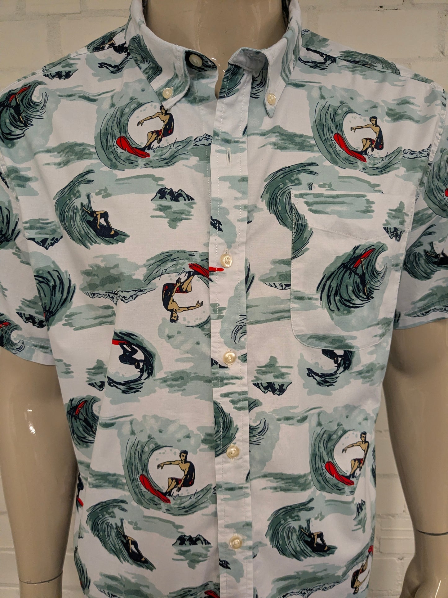 Dip overhemd korte mouw. Groen Rode Surfer print. Maat XL.